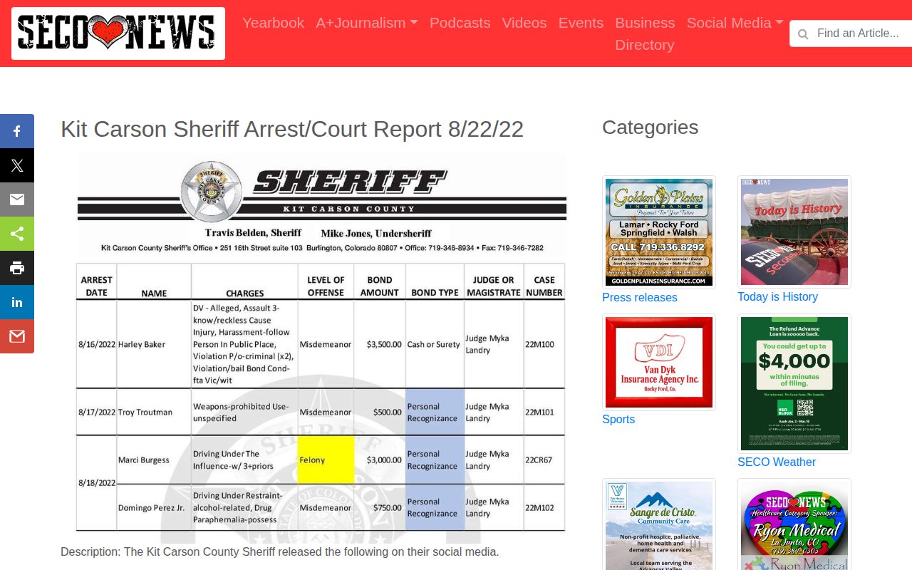 Kit Carson County 24-hour release local sheriff arrest and court report context