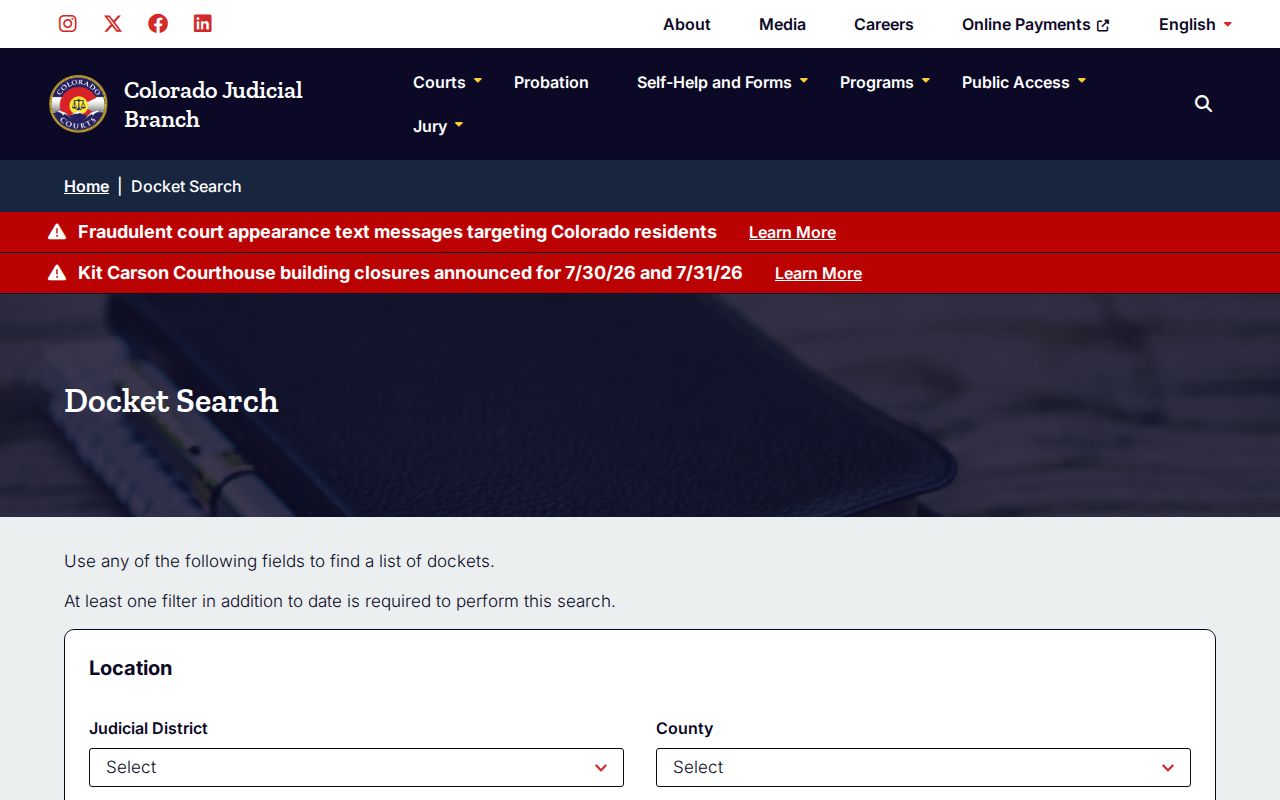 Kit Carson County 24-hour release docket search and court status source