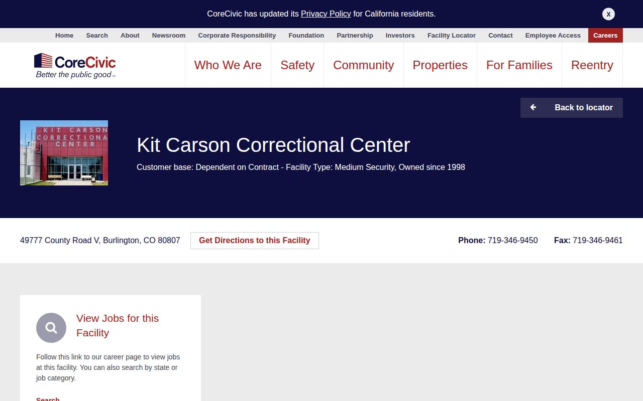 Kit Carson Correctional Center release search source for former state prison records
