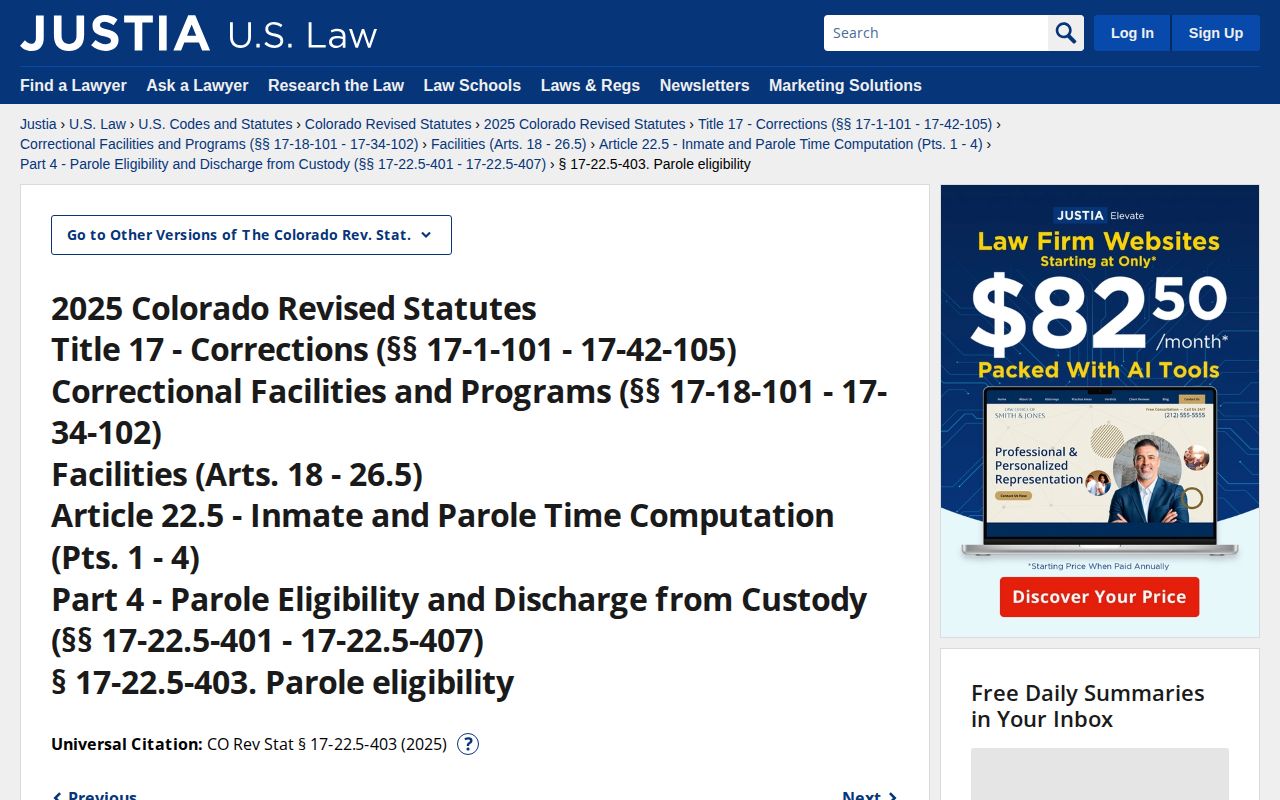 Kit Carson County inmate release date parole eligibility statute source